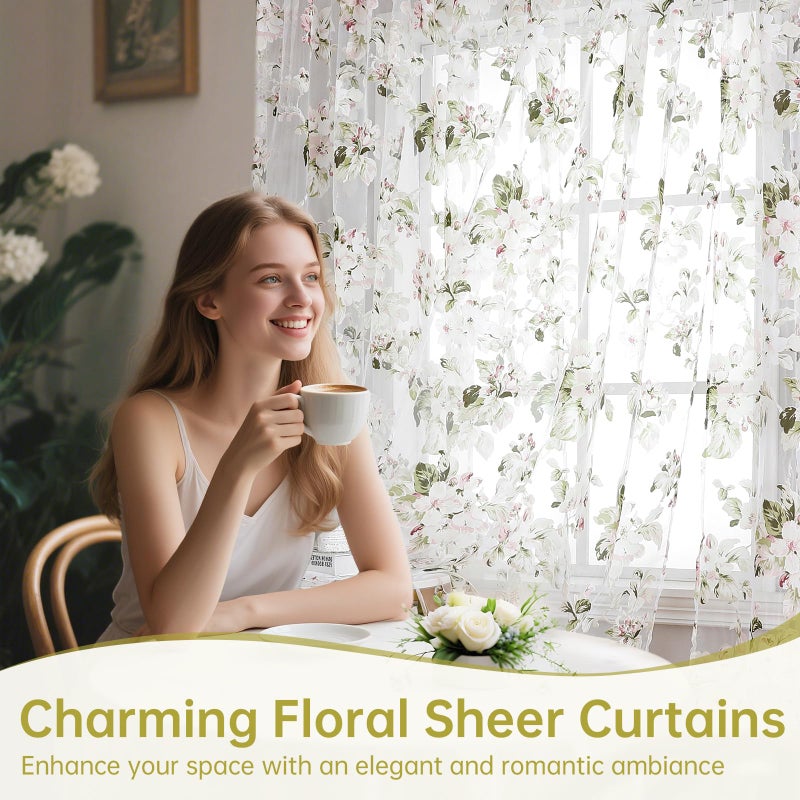 BROSHAN Pink Floral Sheer Curtains 78 Inches Long for Living Room, Pretty Flower Print Bedroom Curtain Sheers Transparent Window Curtains 2 Panels Set, Botanical Sage Green Leaves Pattern - Image 3